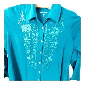 New Women Within Blouse Size 18W 20W Blue Button Embroidery Long Sleeve NWT